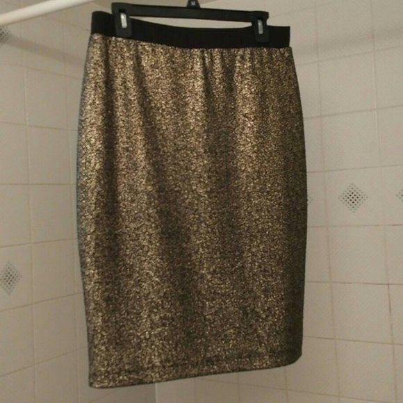 NY Collection Gold Sparkle Pull-on Stretch Pencil Skirt, M - Picture 1 of 6